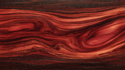Obraz premium Exotic mahogany wood texture with deep reddish-brown color and bold swirling grains in a highly polished natural finish