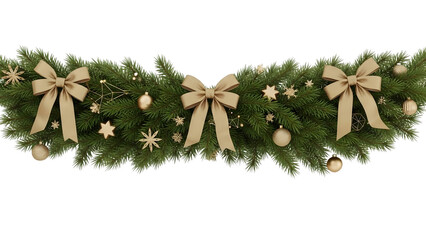 Elegant Christmas garland with gold bows, ribbons, geometric stars, and ornaments on pine branches, luxurious modern festive holiday decoration PNG transparent