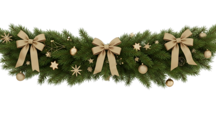 Elegant Christmas garland with gold bows, ribbons, geometric stars, and ornaments on pine branches, luxurious modern festive holiday decoration PNG transparent