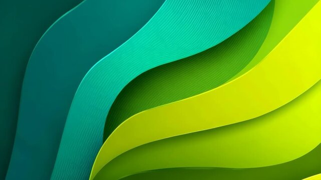 Colorful abstract layers with smooth textures in green, yellow, and teal shades, flowing wave pattern on gradient background, concept of motion