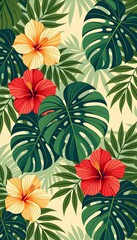 Tropical Monstera & Hibiscus Wallpaper