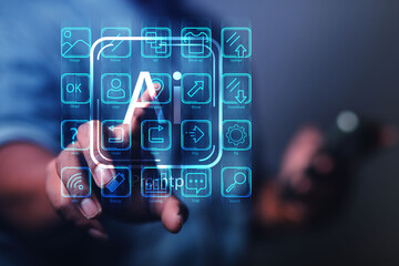 Hand touch on the virtual screen AI business database system processes online marketing investment plans That is connected as a network in the organization Concept of business base system development