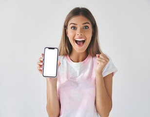Excited young woman holding blank screen smartphone triumphing with fist raised