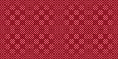 Vector geometric traditional ethnic ornament. Luxury Christmas seamless pattern. Red and pink winter holiday background, folk motif. Simple texture with squares, embroidery style. Repeating geo design