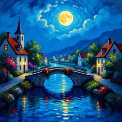 Moonlit Village by the River with Bridge &ndash; Oil Painting
