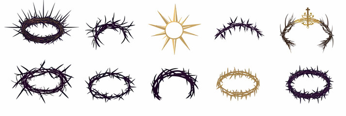 Collection of ten crown of thorns designs in flat minimalist vector style with varied shapes including circular, oval, spike, and cross elements for religious symbolism and Christian iconography