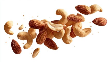 falling nuts, cashews, and almonds isolated on a white background. close-up view of different types of peanuts. png cutout with a clipping path.