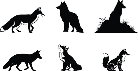 Collection of fox silhouettes and colored illustrations in various poses and silhouette