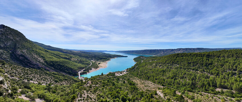Mountain lake Lac de Sainte-Croix and forest landscape, Alpes-de-Haute-Provence, France, Europe.