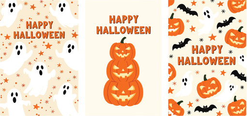 Halloween greeting card set, ghosts, jack-o'-lanterns, bats, festive design, spooky decor, orange stars, cute Halloween illustration, holiday celebration art