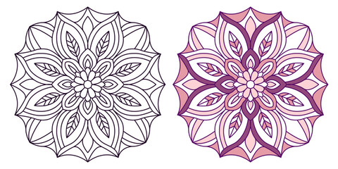 Set of two mandalas, one black and white outline for coloring and one colored in shades of purple and pink