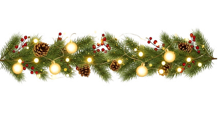 Classic traditional Christmas garland with glowing fairy lights, red berries, pine cones and branches, festive evergreen holiday decoration isolated on white background for Xmas