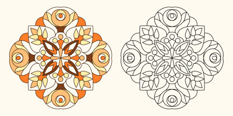 Mandala design element in warm orange and brown tones with line art version, symmetrical abstract pattern