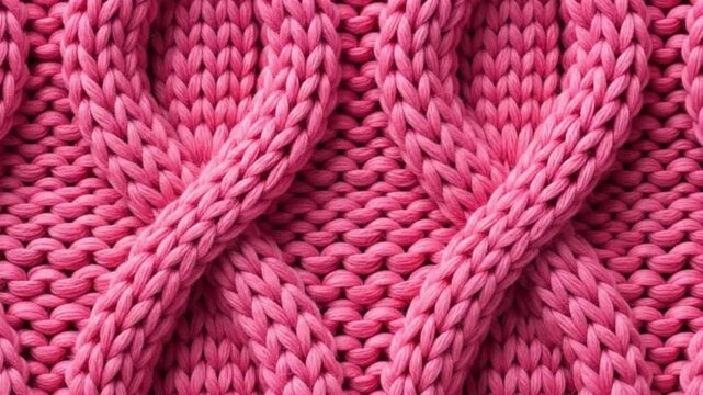 Closeup of pink chunky knit fabric with cable stitch pattern, macro texture background