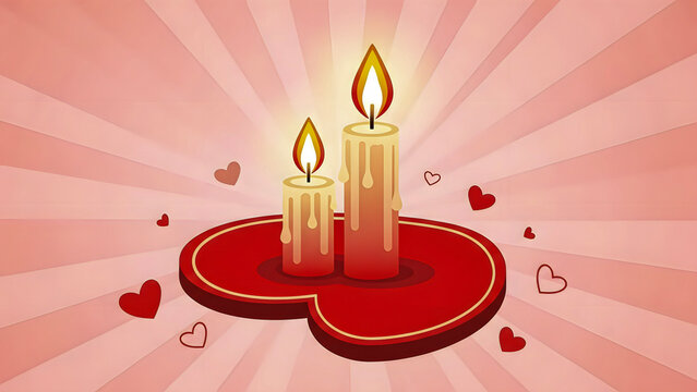 Two lit candles on a heart with hearts around them