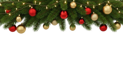 Christmas garland header with red and gold ornaments, baubles, fir branches, and glowing string lights, festive holiday decoration isolated