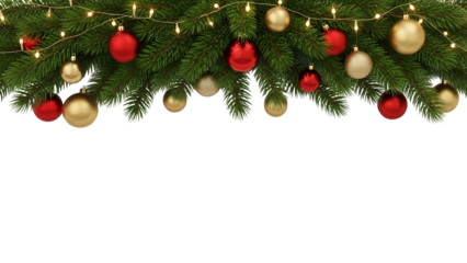 Christmas garland header with red and gold ornaments, baubles, fir branches, and glowing string lights, festive holiday decoration isolated