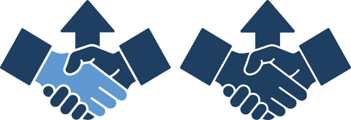 Two shaking hands with arrows pointing up