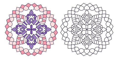 Mandala coloring page with two variations one colored in pink and purple, and one black and white outline for coloring