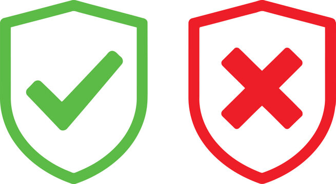 Security shield icons with check mark and cross