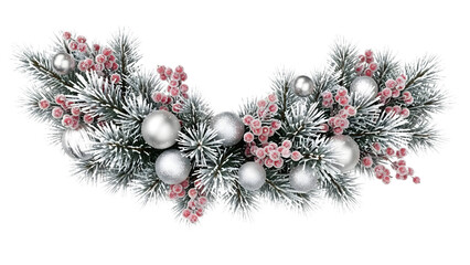 Frosted silver Christmas garland with baubles, pink berries, fir branches, and icy snow, modern glamorous elegant holiday decoration isolated on white background