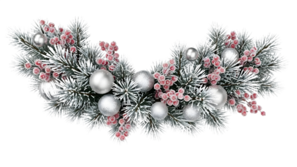 Frosted silver Christmas garland with baubles, pink berries, fir branches, and icy snow, modern glamorous elegant holiday decoration isolated on white background
