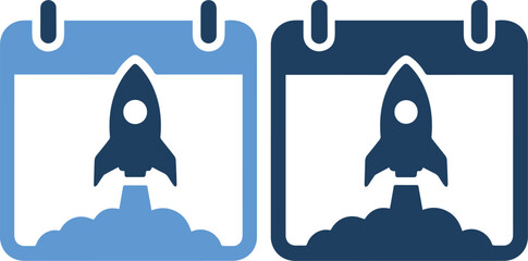 Two calendar icons with rocket launch on blue background in different shades
