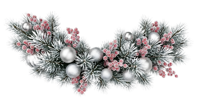 Frosted silver Christmas garland with baubles, pink berries, fir branches, and icy snow, modern glamorous elegant holiday decoration isolated on white background - Powered by Adobe