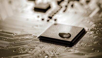 Close-up Macro Shot of a Computer Microchip on a Printed Circuit Board.