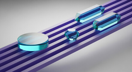 Abstract composition featuring cyan blue crystal prisms and a circular lens on purple podium stripes