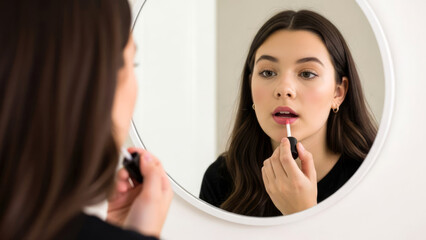 A teenage girl applies lipstick with reflection on round bathroom mirror capturing a focused makeup moment. Beauty, skincare concept.