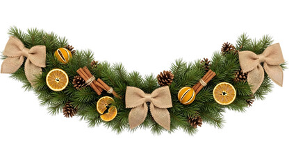 Rustic natural Christmas garland with burlap bows, jute, dried orange, cinnamon sticks, pine cones, and fir branches, handmade earthy holiday decoration isolated on white background PNG transparent
