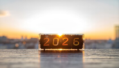 Digital Clock Displaying the Year 2026 at Sunrise Over Cityscape.