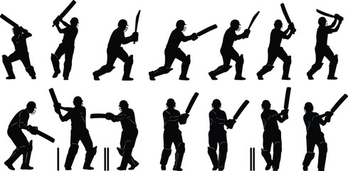 Dynamic cricket batsman silhouette vector illustration set, showing various batting poses, shots, and protective gear for sport and game design content.