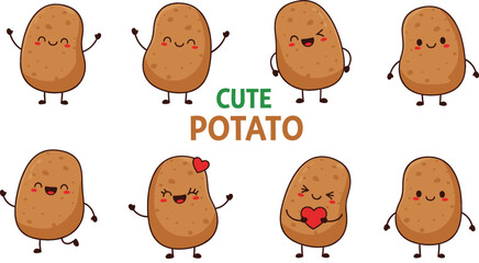  Set of Eight Adorable Kawaii Cartoon Potato Characters Showing Different Emotions Including Happy, Excited, Winking, and Holding a Heart Vector Illustration.