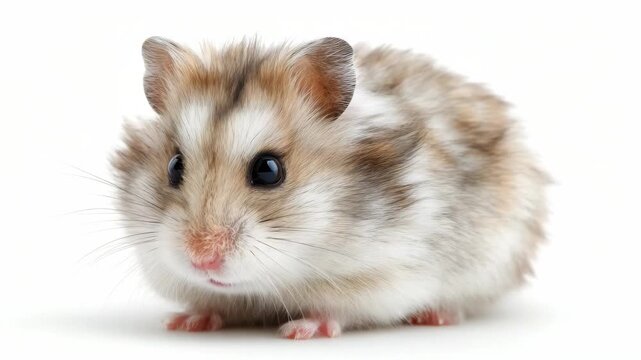 Small brown and white fluffy dwarf hamster facing camera in a close-up photo, realistic style, isolated on white background, concept of cuteness and pets