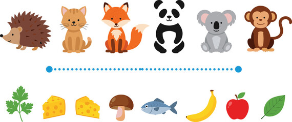  Collection of Cute Simple Cartoon Animals and Healthy Food Icons Including Panda, Monkey, Fox, Hedgehog, Koala, Apple, Banana, Fish, Cheese, and Mushroom Vector Set.