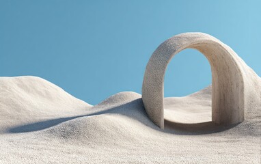 Abstract architectural design with a circular archway in a desert landscape