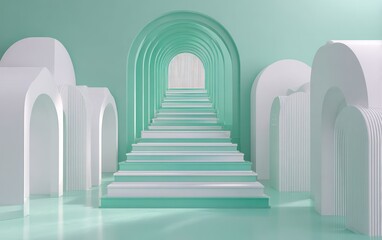 Abstract architectural design with arched pathways and staircase perspective