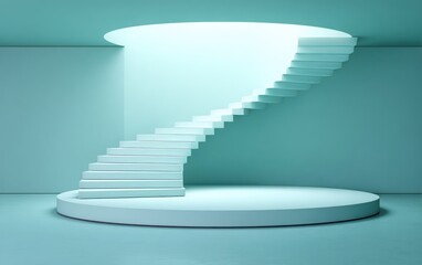 Abstract architectural design with spiral staircase and platform in turquoise tones