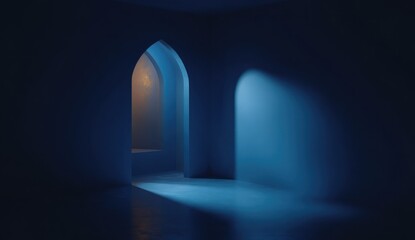 Abstract architectural interior with arches and mysterious atmosphere