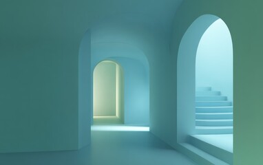 Abstract architectural interior with archways and stairs rendered in serene light