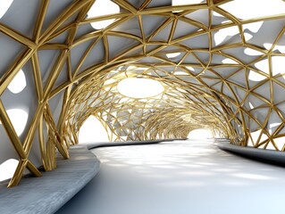 Abstract architectural interior with geometric wooden structure and bright lighting