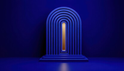 Abstract archway design in vibrant blue with a warm golden inner light