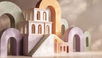 Abstract architectural structures with arches and staircases against sky background