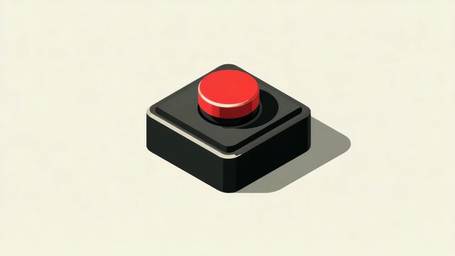 Single red button on a black square base in minimalist style, casting a long shadow on a light beige background, symbolizing action or choice