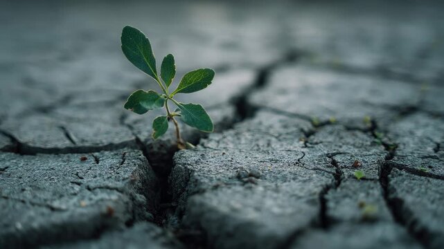 A tiny green seedling growing strongly through cracked, A small green seedling emerges robustly from a cracked surface