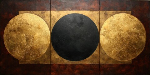Abstract art with golden and black circles on textured background composition