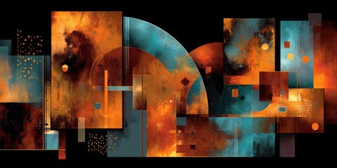 Abstract artwork featuring geometric shapes and vibrant colors on a dark background