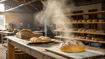 freshly-baked-bread-on-rustic-table--flour-dust